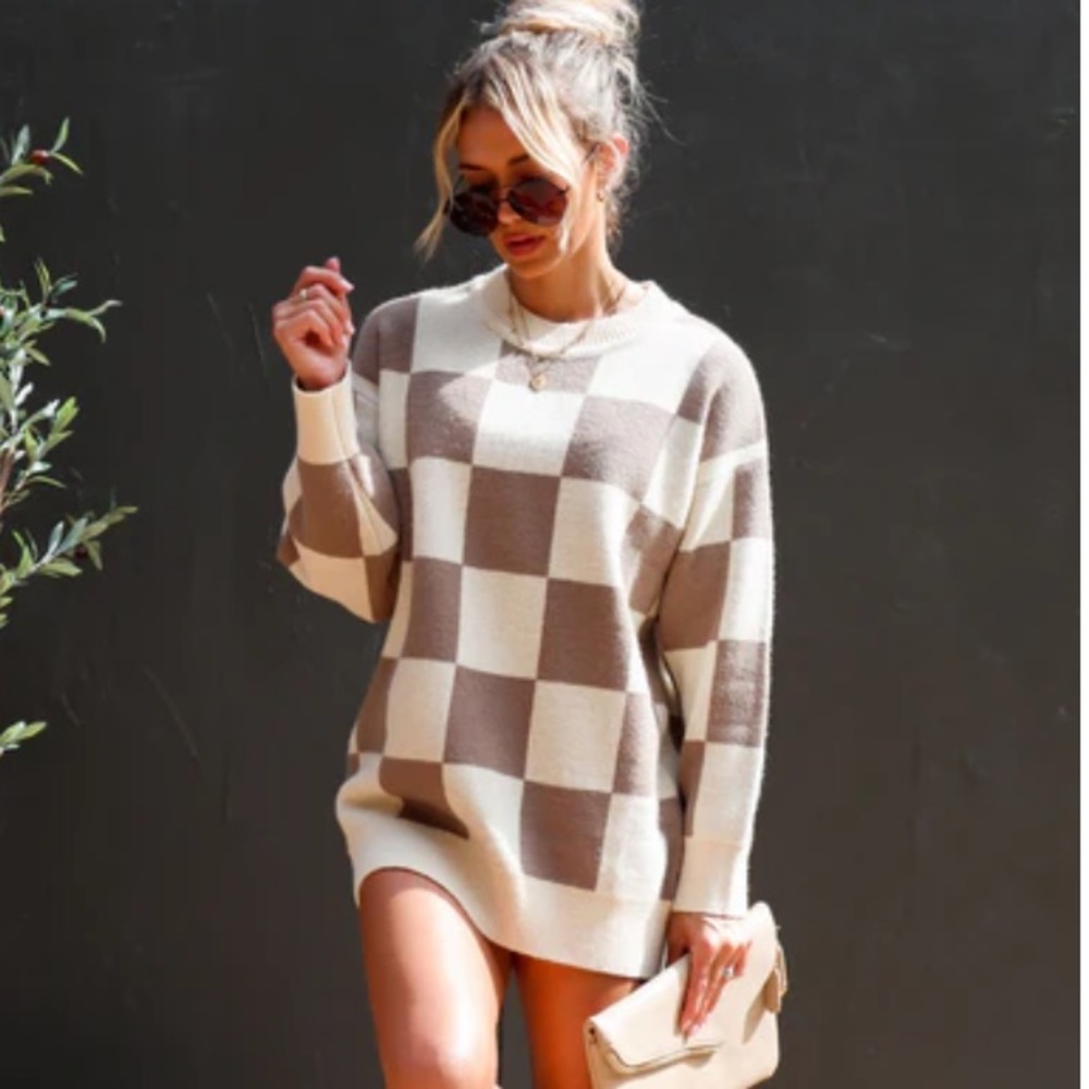 Vici Brown and Cream Checkered Sweater